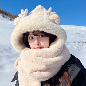 3-in-1 Plush Hat Scarf Gloves 3-piece Set Rabbit Fleece Cotton Women Winter Warm Neckerchief Thickened Armuff Ear Muff Cute Bear (Color: Begie, size: One Size)