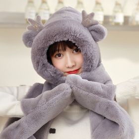 3-in-1 Plush Hat Scarf Gloves 3-piece Set Rabbit Fleece Cotton Women Winter Warm Neckerchief Thickened Armuff Ear Muff Cute Bear (Color: Gray, size: One Size)