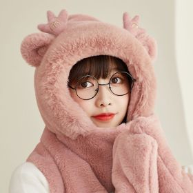 3-in-1 Plush Hat Scarf Gloves 3-piece Set Rabbit Fleece Cotton Women Winter Warm Neckerchief Thickened Armuff Ear Muff Cute Bear (Color: Pink, size: One Size)