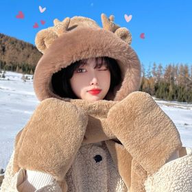 3-in-1 Plush Hat Scarf Gloves 3-piece Set Rabbit Fleece Cotton Women Winter Warm Neckerchief Thickened Armuff Ear Muff Cute Bear (Color: Khaki, size: One Size)