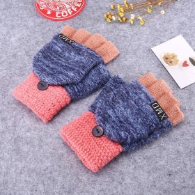 Winter Warm Thickening Wool Gloves Knitted Flip Fingerless Exposed Finger Thick Gloves Without Fingers Mittens Glove Women (Gloves Size: One size, Color: Pink blue)