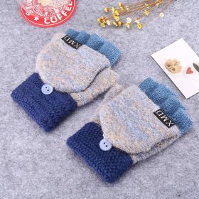 Winter Warm Thickening Wool Gloves Knitted Flip Fingerless Exposed Finger Thick Gloves Without Fingers Mittens Glove Women (Gloves Size: One size, Color: Blue Grey)