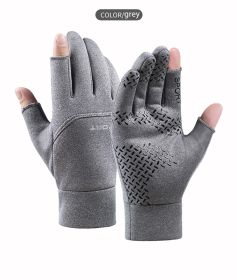Winter Fishing Gloves Women Men Universal Keep Warm Fishing Protection Anti-slip Gloves 2 Cut Fingers Outdoor Angling (Color: Gray, size: M)